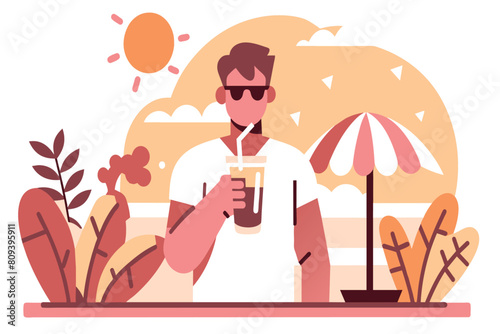 A man relaxes with a drink by the sea under a parasol
