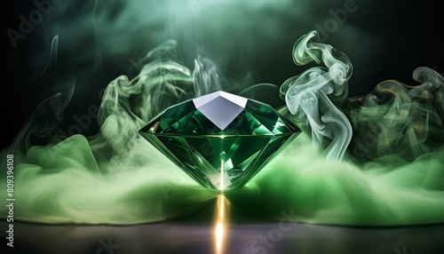 ai generative of a beautiful and large diamond was in the middle of the green smoke photo