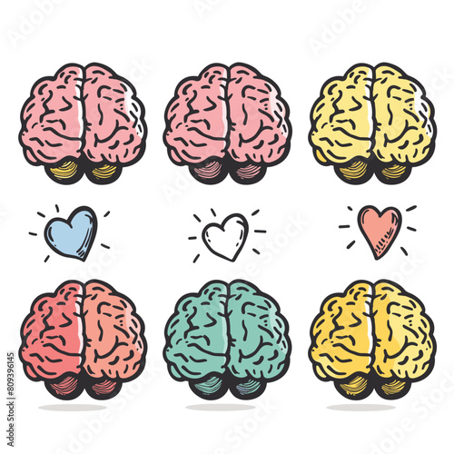 Six cartoon brains various colors, lightbulb base, creative concept, emotions expressed through heart symbols. Brain illustrations diverge color, metaphor diverse thinking, innovation, emotion