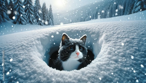 A tuxedo cat peering curiously out from a hole in a snowy hill, with snowflakes gently falling around. photo