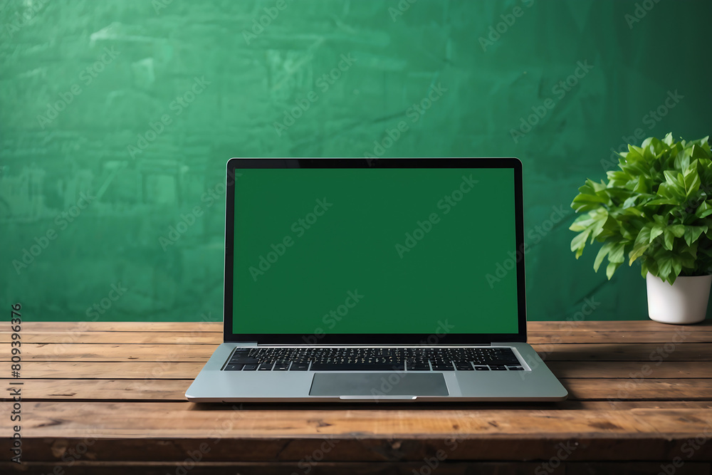 laptop blank screen on wooden table with green wall background laptop blank screen on wooden table with green wall background