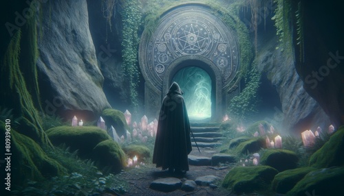 A cloaked figure standing at the entrance of a cave, which is adorned with arcane symbols and softly glowing crystals. photo