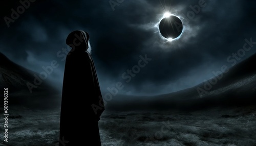 A cloaked figure gazing at a solar eclipse surrounded by darkened skies and a halo of corona light.