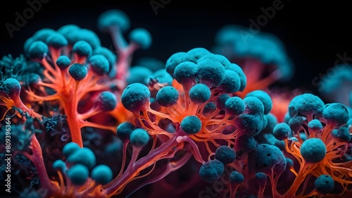 Molecules of Candida auris fungal infection in darkness,neon art. photo