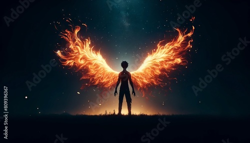 A spirit-like entity with wings that resemble flames, set against a nocturnal backdrop. photo