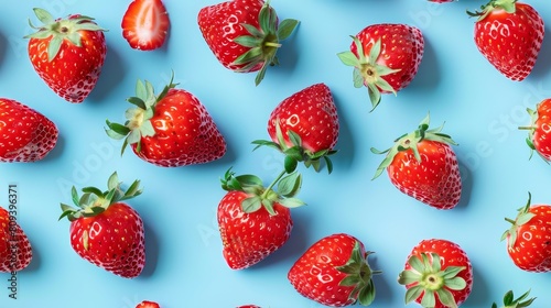 Detailed top view of strawberries and slices creatively arranged into a playful pattern on a cyan blue backdrop, isolated