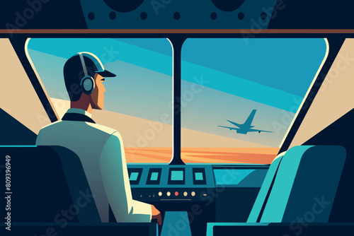 Pilot watches another plane soar at dusk from cockpit