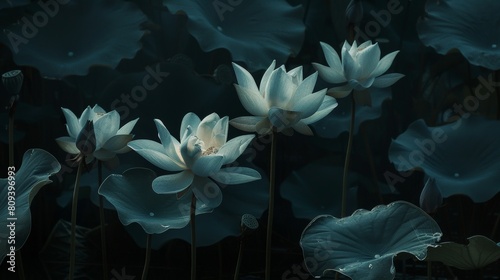 Against the backdrop of darkness  the lotus flowers stand tall and proud  their graceful demeanor a testament to nature s unparalleled artistry.