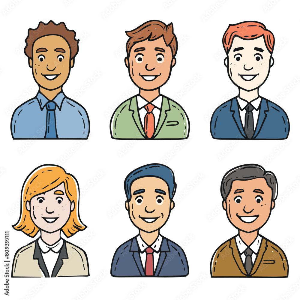 Six diverse cartoon characters smiling, professional attire. Three men, three women, business, casual, diverse ethnicities. Cheerful businesspeople, friendly, isolated white background Six diverse cartoon characters smiling, professional attire. Three men, three women, business, casual, diverse ethnicities. Cheerful businesspeople, friendly, isolated white background