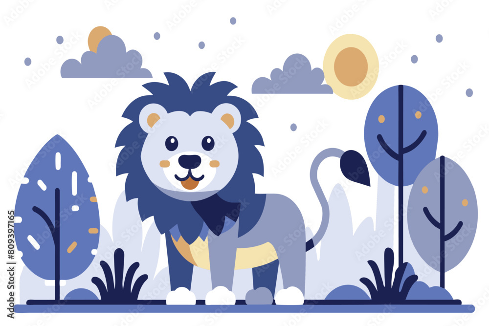 A smiling cartoon lion amidst colorful trees and plants A smiling cartoon lion amidst colorful trees and plants