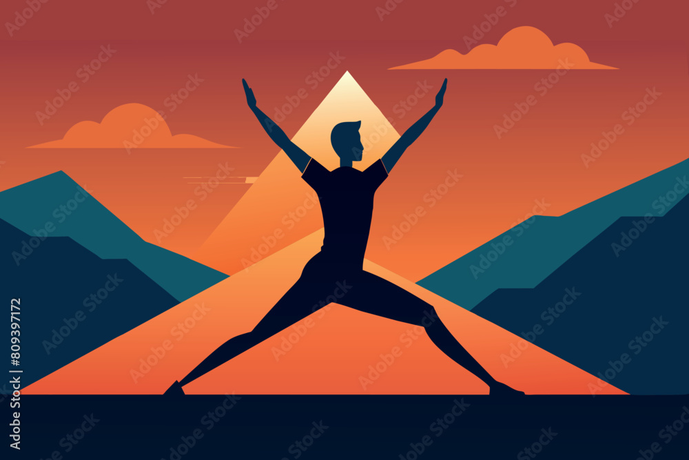 A person in a yoga pose against a backdrop of mountains and sunset