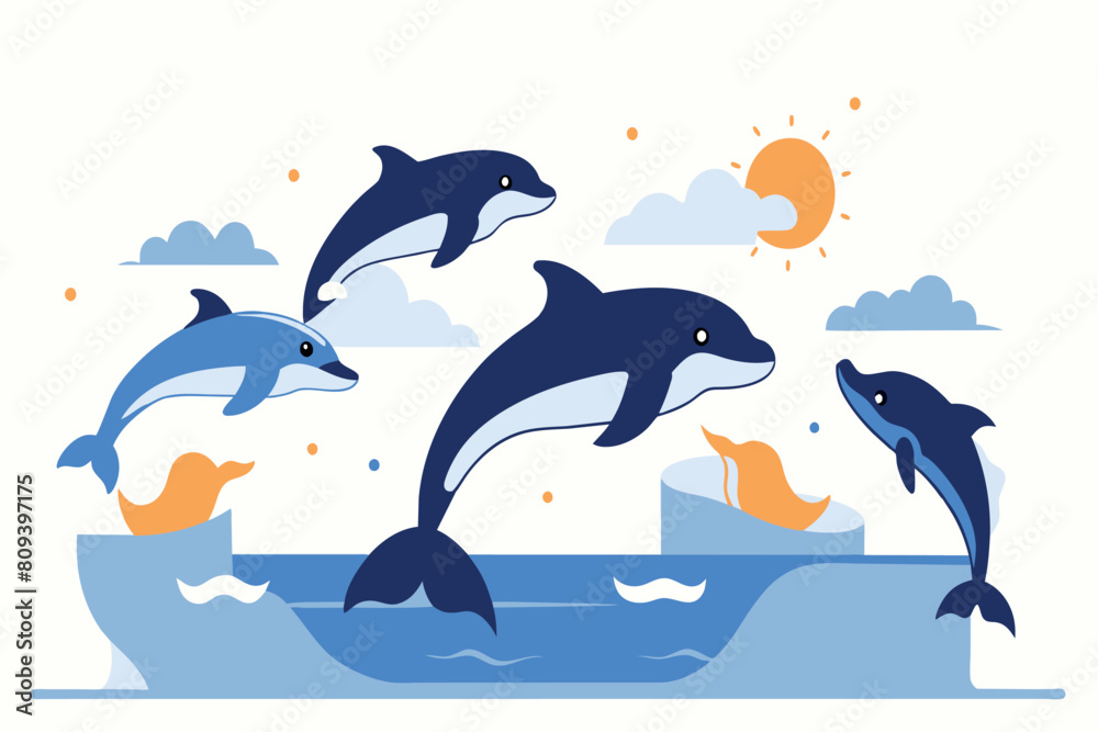 Fototapeta premium A group of dolphins jumping over the sea at dusk