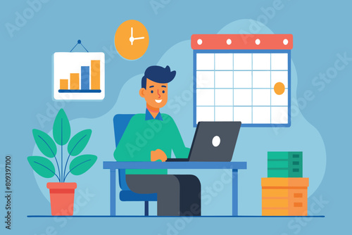 Animated character in office setting with clock, calendar, and growth chart