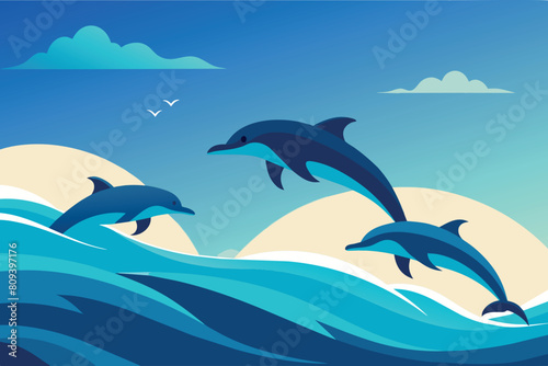 Three dolphins jump over blue ocean waves with a rising sun