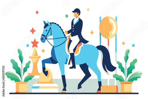 Equestrian rides a blue horse past victory trophies and sparkling stars