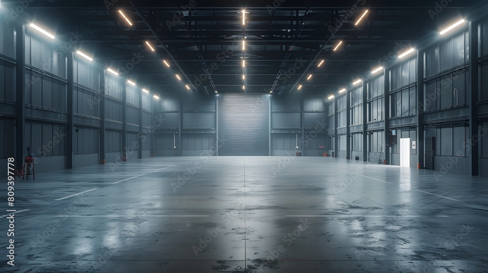 A large empty warehouse with gray walls and a white ceiling, illuminated by bright lights. The concrete floor has no furniture.