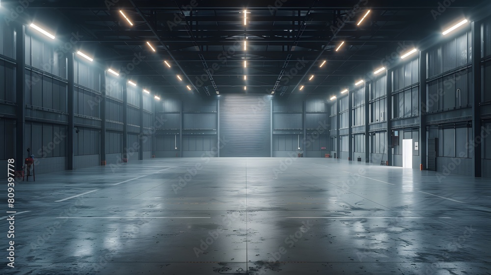 A large empty warehouse with gray walls and a white ceiling, illuminated by bright lights. The concrete floor has no furniture. A large empty warehouse with gray walls and a white ceiling, illuminated by bright lights. The concrete floor has no furniture.