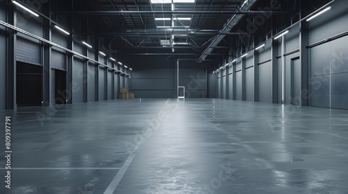 A large empty warehouse with gray walls and a white ceiling, illuminated by bright lights. The concrete floor has no furniture. © horizon