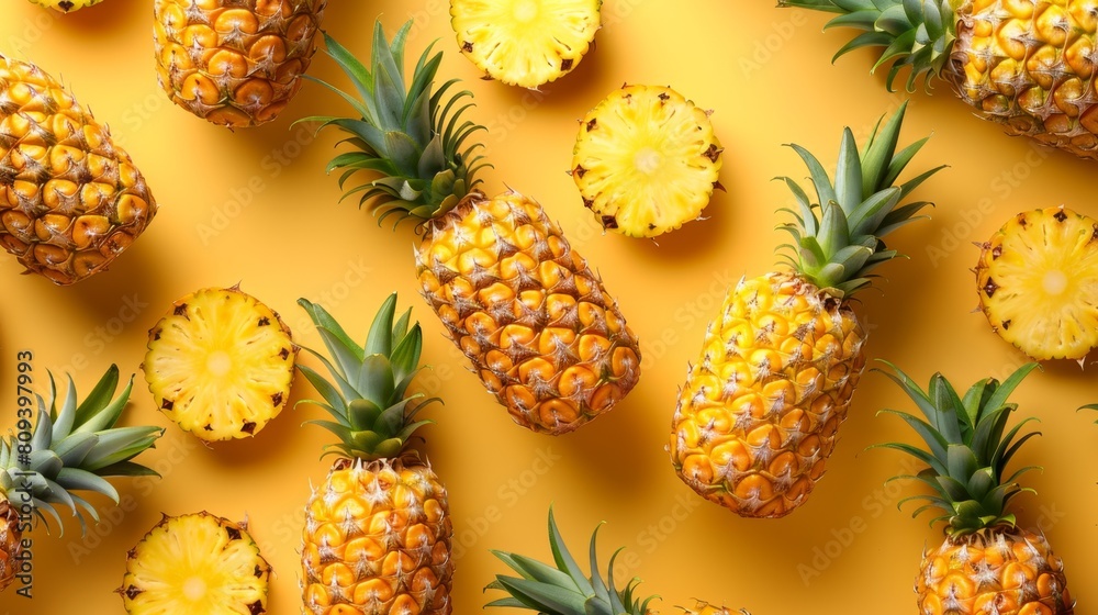 Organic yellow pineapple fruit pattern slice with orange solid background