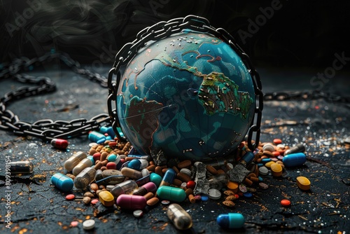 Drug addiction concept. Chained Globe Surrounded by Multicolored Pills photo