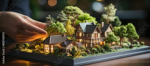 Businessman holding small building house model at office desk, house sales concept