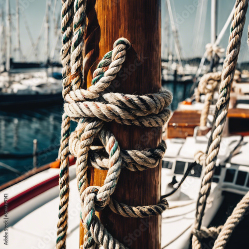 Seafaring Serenity Close-Up of Secure Knots and Rigging on a Docked Yacht