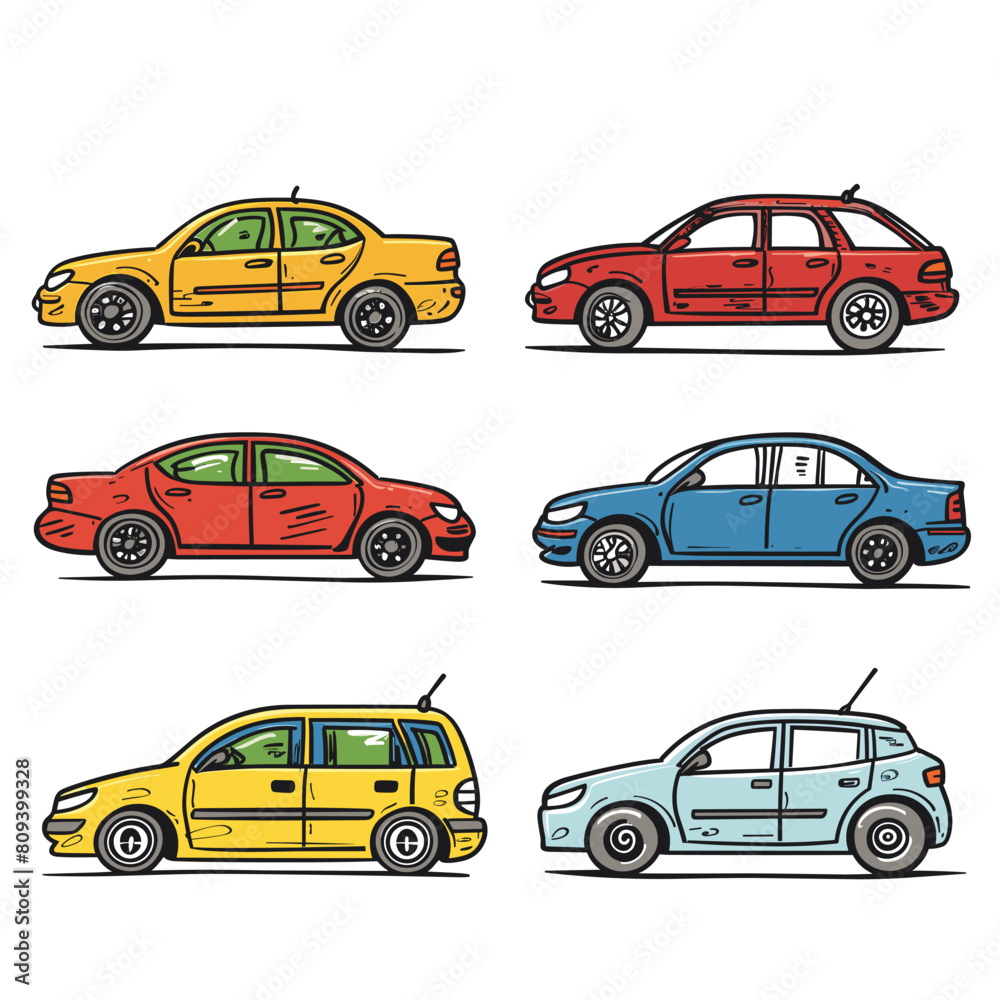 Cars side view, cartoon vector illustration, different colors. Two rows cars, top row sedan models, bottom row hatchback style, pastel background. Six cars, three different colors, outlined design