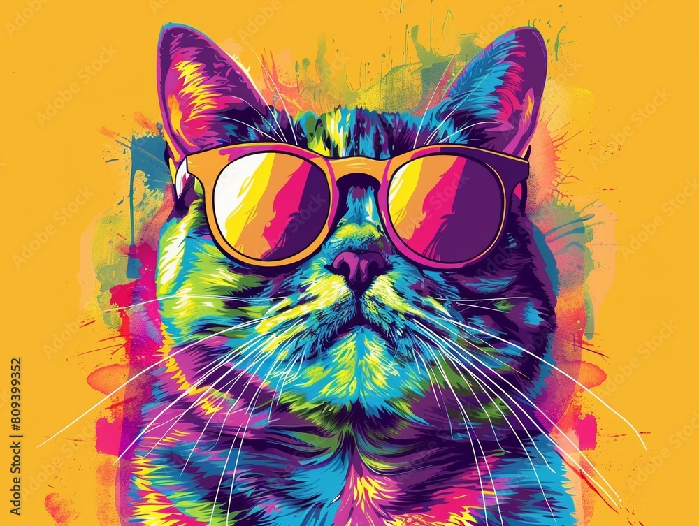 Cool and colorful cat. Rainbow colors.