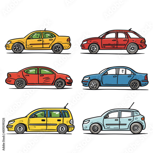 Cars side view  cartoon vector illustration  different colors. Two rows cars  top row sedan models  bottom row hatchback style  pastel background. Six cars  three different colors  outlined design