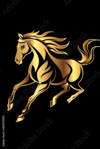 Golden running horse logo illustration on black background. Emblem, icon for company or sport team branding