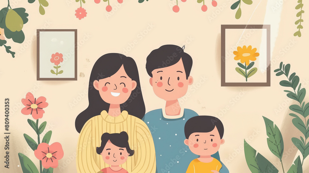 Obraz premium ​World autism awareness day :An illustration of a happy family with two parents and two children, surrounded by floral decorations and framed pictures on a wall.