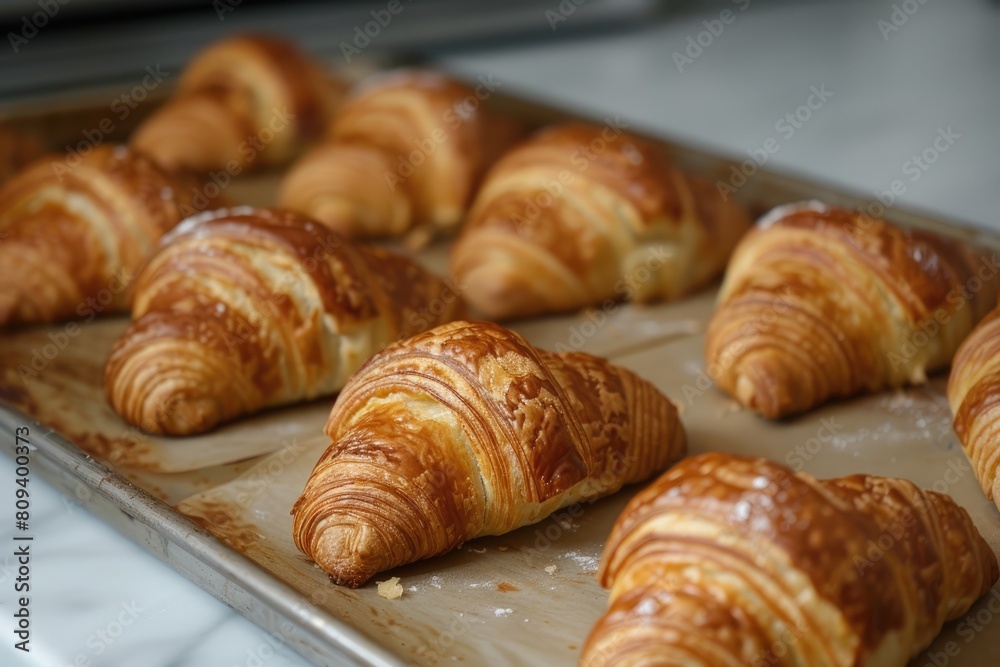 Freshly baked French croissants on a baking tray Freshly baked French croissants on a baking tray