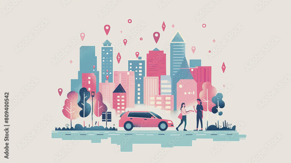 ​Sharing Economy : An illustration of a smart city concept with a couple using a smartphone, autonomous car, urban skyline, location markers, and a connected digital environment.