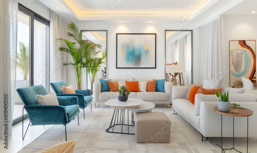 A white wall with two small round mirrors hanging on it  one large mirror is in the center of the picture. The sofa and chairs around them have blue legs and orange cushions