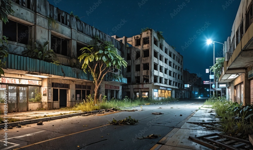 Abandoned post apocalyptic cyberpunk city overgrowth buildings at night. Town building exterior aftermath in tropical summer climate. Urban cityscape. Abandoned post apocalyptic cyberpunk city overgrowth buildings at night. Town building exterior aftermath in tropical summer climate. Urban cityscape.