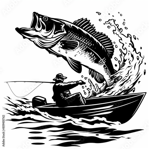 a black and white image of a man in a boat with a large fish