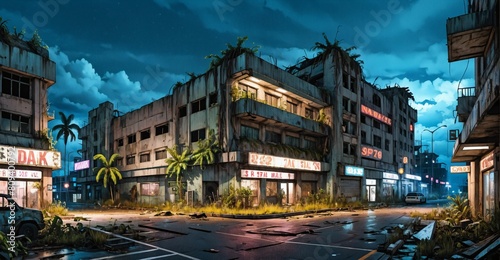 Abandoned post apocalyptic cyberpunk city overgrowth buildings at night. Town building exterior aftermath in tropical summer climate. Urban cityscape.