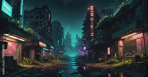 Gothic cyberpunk dystopian overgrowth city at night. Market district with bar and vendor shops. Abandoned, aged, old overgrown town building exteriors. Wasteland slum dark cityscape.