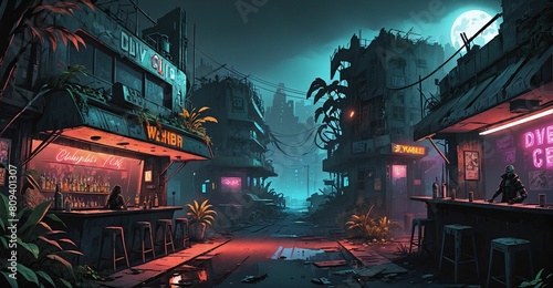 Gothic cyberpunk dystopian overgrowth city at night. Market district with bar and vendor shops. Abandoned, aged, old overgrown town building exteriors. Wasteland slum dark cityscape.