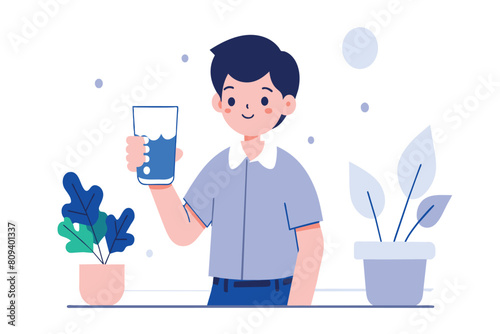 A smiling man offers a glass of water, standing by indoor plants