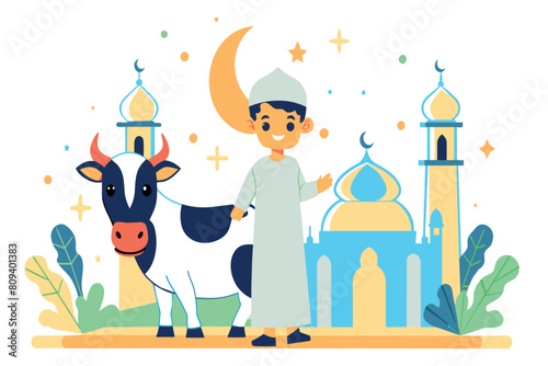 A boy in festive clothing stands with a cow during Eid celebration