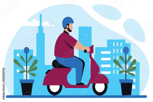 A cartoon of a man on a scooter in a city