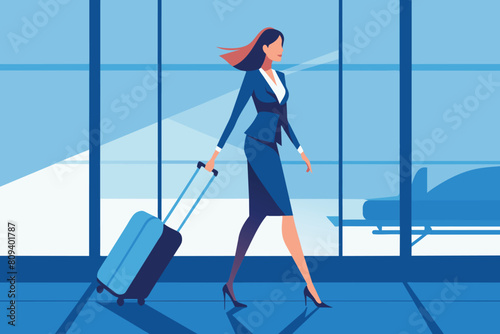 Woman in business attire pulling suitcase in an airport