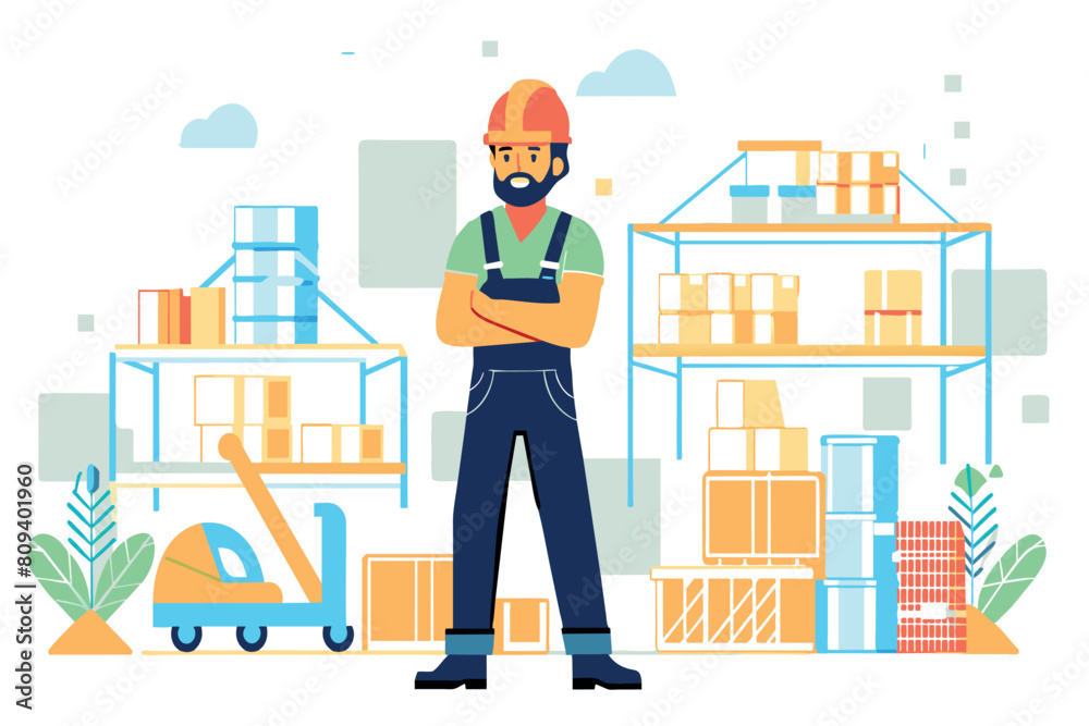 Foreman overseeing warehouse operations with shelves and goods in background Foreman overseeing warehouse operations with shelves and goods in background