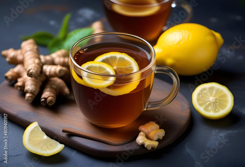 A cup of ginger tea with lemon slices and a jar of honey on a slate plate