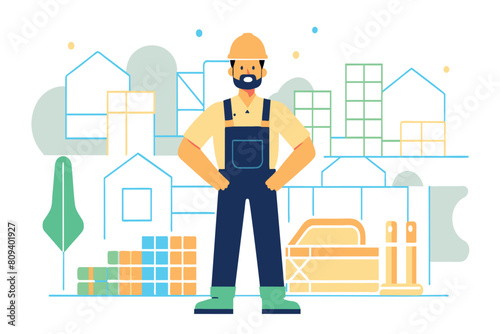 A builder in safety gear stands before a construction backdrop
