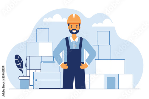 Warehouse staff member with hands on hips beside stacked boxes