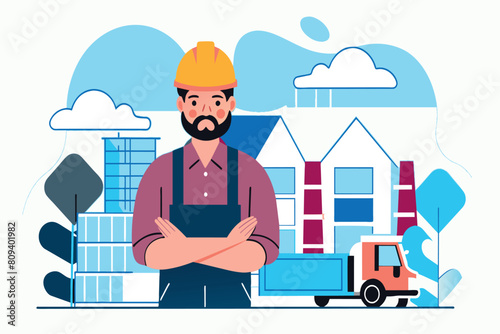 A cartoon of a builder standing confidently at a construction zone