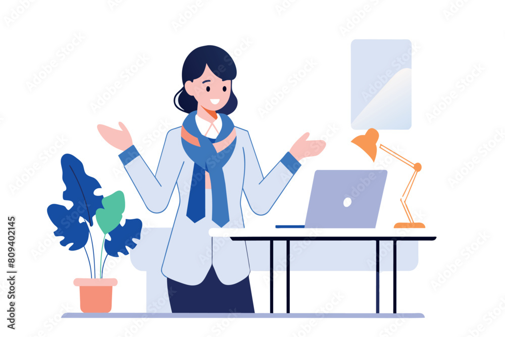 Obraz premium A businesswoman gesturing during a presentation at her desk