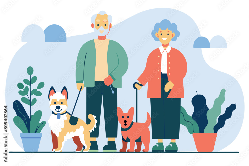 Senior pair strolling with pets amidst greenery Senior pair strolling with pets amidst greenery